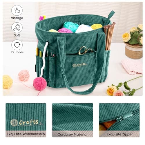 Crochet Bag and Tote - Corduroy Yarn Bag - Yarn Holder for Crocheting - Crochet Storage Bag for Crochet Hooks, Crochet Accessories, Knitting Bag for Crochet Lovers, Mother's Day Gift