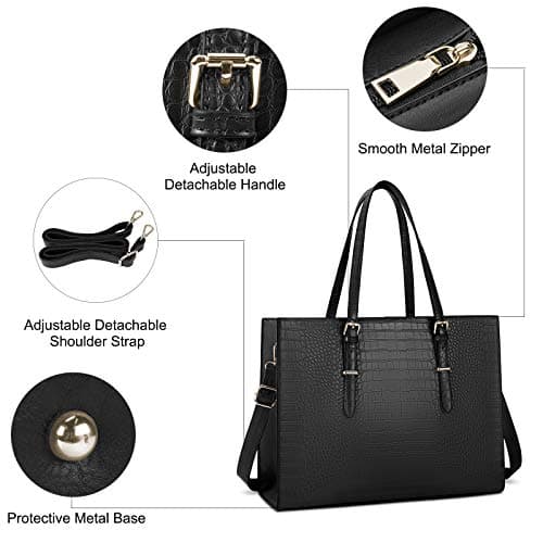 Laptop Bag for Women 15.6 Inch Laptop Tote Bag Leather Classy Computer Briefcase for Work Waterproof Handbag Professional Shoulder Bag Women Business Office Bag Large Capacity Black