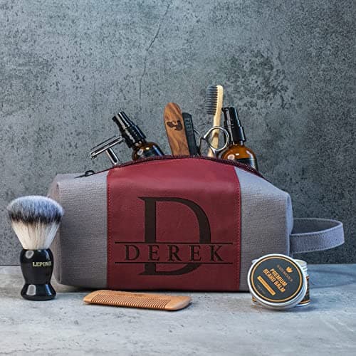 GIFTBYGIFTY Toiletry Bag for Men Personalized, Laser Engraved Initial & Name on Leather, Custom 4 Canvas Colors - Gift for Husband, Dad, Boy Friend, Handcrafted Travel Bag, Waterproof Shaving Dopp Kit