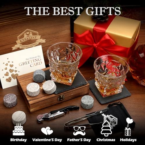 Whiskey Stones Gift Set - Whiskey Glass Set of 2 - Granite Chilling Whiskey Rocks - Scotch Bourbon Whiskey Box Set- Best Drinking Gifts for Men Dad Husband Birthday Party Holiday