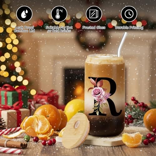 Monogrammed Glass Drinking Cup With Lid Straw Women Happy Birthday Christmas Xmas Day Holiday for Female Teacher Aunt Big Small Sister in Law Mother Stepmother Weding Groom Bride Officiant Gift,R