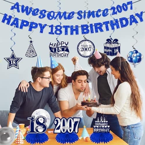 11Pcs 18th Birthday Decorations Kit for Boys Men, Blue Sliver Happy 18th Birthday Banner, Awesome Since 2007 Centerpieces Swirls Party Supplies, Eighteen Bday Banner Ceiling Table Topper Sign