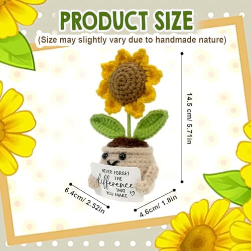 Mini Positive Crochet Sunflower, Cute Cheer Up Gifts for Women, Crochet Plant with Optimistic Card for Nurse Teacher Boss, Thank You Gifts for Friends, Coworker and Sunflower Decor