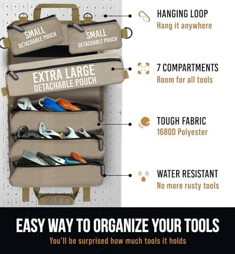 TOUGHEST Roll Up Tool Bag Organizer - 7 Pouches (3 Detachable) Compact Portable Tool Storage Box - 1680D Waterproof Small Tool Bag for Car - Gifts for Dad Mechanic Electrician