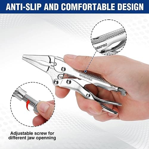 WORKPRO 4-1/2 inch Mini Long Nose Locking Pliers, Chromium-Vanadium Steel Locking Pliers, Locking Adjustable Vise Grips for Clamping Twisting Welding