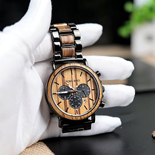 BOBO BIRD Mens Personalized Engraved Wooden Watches, Stylish Wood & Stainless Steel Combined Quartz Casual Wristwatches for Men Family Friends Customized Watch