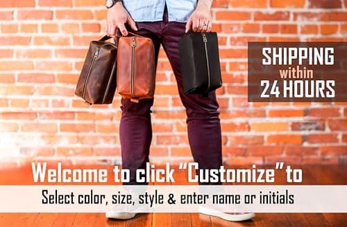 Mens Waterproof Toiletry Bag – Crafted in USA – Ideal Gift for Husband, Dad, Groomsmen, Boyfriend & Friend – Genuine Leather Toiletry Bag Customized Name or Initials – Personalized Travel Bag for Men