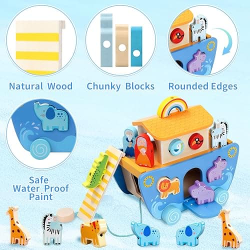 Wooden Noah's Ark Toy with Animal Shape Sorter,Baptism Gifts for 1 2 3 4 Years Old,Montessori Toys for Toddlers,Baptism Gifts for Boys and Girls,24 Months Babies