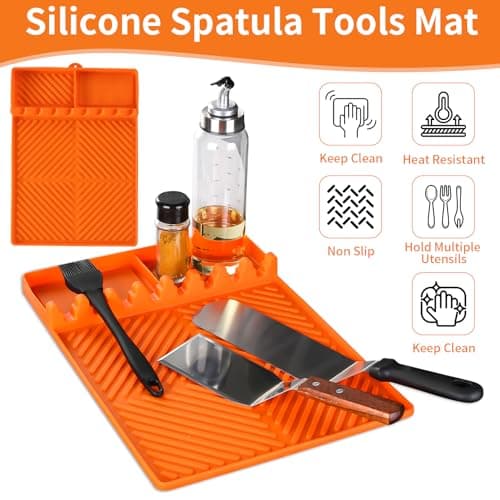 Silicone Griddle Tools Mat for Blackstone Weber Traeger Pit Boss - Side Shelf Spatula Mat with Drip Pad - Flat Top Grill Smoker Accessories for BBQ, Kitchen, Cooking, Countertop(Orange)