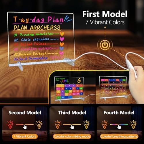 LED Note Board with Colors, 13.7"X10" 4 Modes & 7 Colors Acrylic Dry Erase Board with Light, Include Adapter, Hanging Chain, Led Drawing Board for Kids with Stand, 7 Markers, Spray Bottle