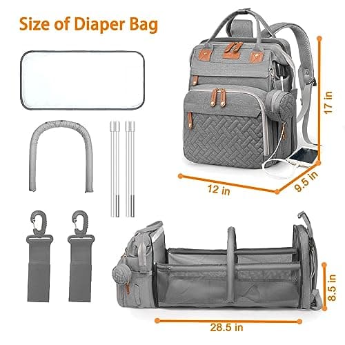 Baby Diaper Bags with Changing Station, Waterproof Diaper Bag Backpack for Moms Dads with USB Charging Port, Baby Shower Gifts, Large Capacity diaper backpack, Grey