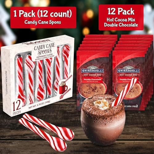Taboom Dye-Free Peppermint Candy Cane Spoon & Hot Cocoa Bundle - 12 Individually Wrapped Peppermint Spoons with 12 Double Chocolate Premium Hot Cocoa Packets - Festive Christmas Hot Chocolate Gift Set & Stocking Stuffers