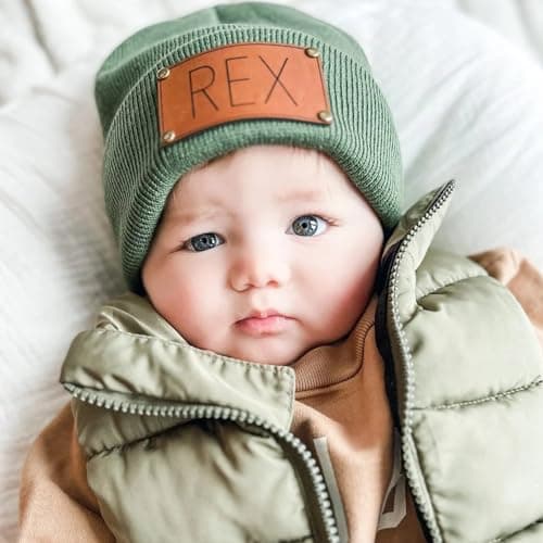 Custom Toddler Baby Beanies, Mama Mini Matching Hats, Leather Patch Baby Knit Hats, Winter Beanies for Infant, Kids Adults