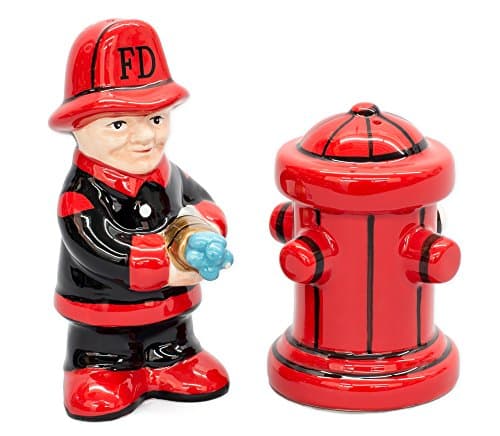 Fireman with Hose and Hydrant 4 Inch Ceramic Magnetic Salt and Pepper Shaker Set Novelty Gift