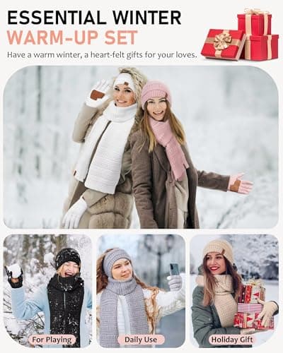 Womens Winter Beanie Hat Scarf Gloves Headband Set, Slouchy Beanie Ear Warmer Knit Scarf Touchscreen Gloves Warm 4 Gift Set