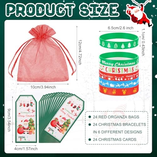 Liliful 72 Pcs Christmas Gifts 24 Set Christmas Students Gifts, Xmas Silicone Wristbands with Gift Label Tags and Organza Bags for Kids Stocking Stuffers Classroom Gift Party Favors(Merry Style)