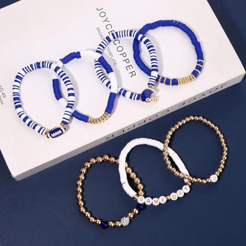 Game Day Bracelets for Women - Red, Black, Blue Heishi Clay Beaded Stretch Bracelets - Stackable Sports Charm Bracelet Bangles - Football Mom Accessories & Outfits Jewelry Gifts