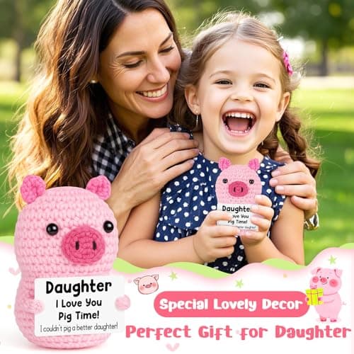 Funny Positive Pig Gifts for Daughter Birthday Christmas, Handmade Crochet Emotional Inspirational Pink Pig for Daughter Teens Adult, Daughter Gifts for Birthday Graduation Christmas Cute Decor