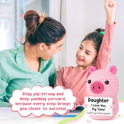 Funny Positive Pig Gifts for Daughter Birthday Christmas, Handmade Crochet Emotional Inspirational Pink Pig for Daughter Teens Adult, Daughter Gifts for Birthday Graduation Christmas Cute Decor