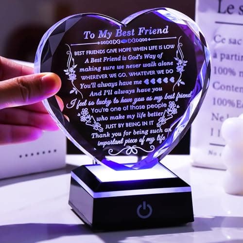 Best Friend Birthday Gifts with Colorful LED Base Crystal to My Best Friend Heart Gifts Friendship Gift for Women for Christmas Female Friend Gift Ideas BFF Gift for Her, Bestie Gifts