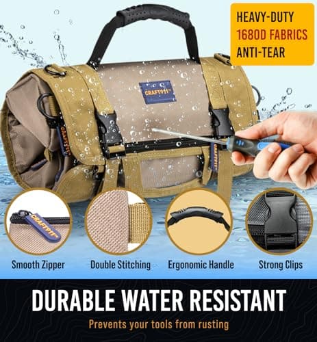 TOUGHEST Roll Up Tool Bag Organizer - 7 Pouches (3 Detachable) Compact Portable Tool Storage Box - 1680D Waterproof Small Tool Bag for Car - Gifts for Dad Mechanic Electrician