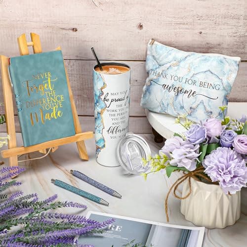 Domensi 6 Pcs Employee Appreciation Gift Set for Women Female Christmas Thank You Gift May You Be Proud 20 oz Rustic Marble Sign Tumbler Makeup Bag Journal for Teacher Nurse Lady Work Business(Blue)