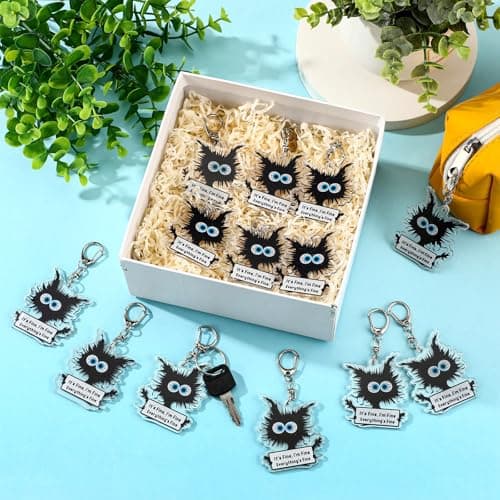 Funny Black Cat Keychains It's Fine Everything's Fine Appreciation Gifts for Cat Lovers Women Coworkers Employees