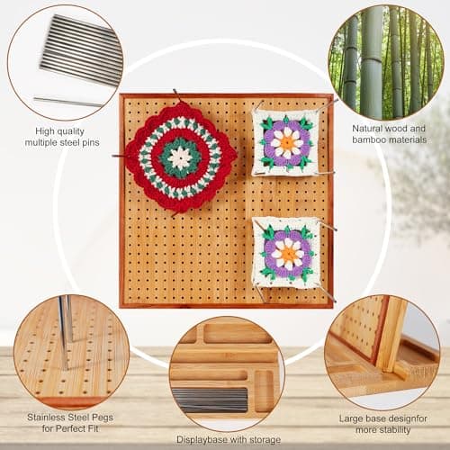 HHSarioneiro 11.8" Crochet Blocking Board with 16 Pins/Pegs, Granny Square Blocking Boards for Crochet Projects, Wooden Crocheting Accessories Gifts for Crocheters