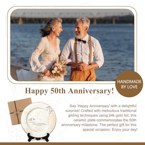 50th Anniversary Wedding Gifts for Couples Parents - 50 Year Marriage Plate with 24k Gold Foil, Golden Keepsake Gift, Ceramic 9 inch