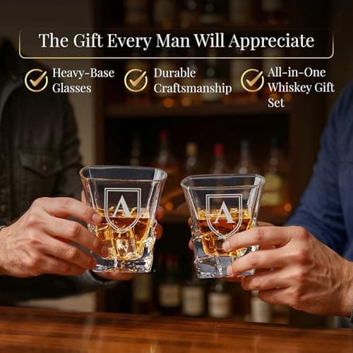shop4ever Custom Engraved Monogram Year, Chunky Heavy Liquor/Bourbon Decanter with Glasses, Whiskey Stones, Coasters & Tongs, Premium Whiskey Gift Set for Men, Husband, Dad
