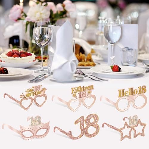 24PCS 18th Birthday Eyeglasses Decorations for Girls, Pink Rose Gold Happy 18th Birthday Paper Eyeglasses Party Supplies, Eighteen Year Old Bday Glasses Decor