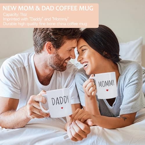 New Mom Gifts for Women, 9pcs Pregnancy Gifts for Expecting Mom, Cute Baby Gifts New Parents Gifts for Couples w/Mom and Dad Mugs for Gender Reveal Baby Shower First Time Mom to be Gifts(Khaki)