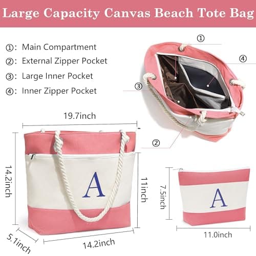 YOOLIFE Beach Bags for Women - Initial Canvas Tote Waterproof Bag with Makeup Bag Gifts for Women Mom Friend Birthday Her
