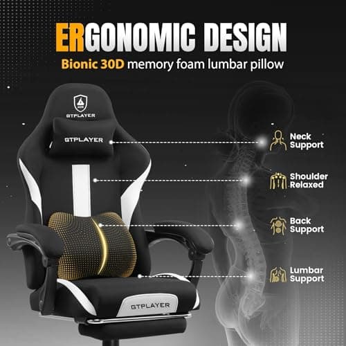 GTRACING Gaming Chair Ergonomic Office Chair with Foot Rest & Pocket Spring Cushion, Breathable Fabric Computer Chair with Headrest & Lumbar Support, High Back Game Chair for Adults, Coal-Black