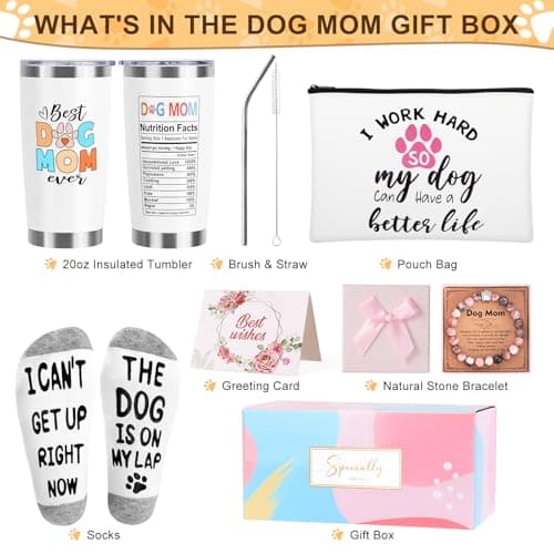 Dog Mom Dog Lover Gifts for Women, 20oz Wine Tumbler Set with Makeup Bag & Natural Stone Paw Bracelets & Socks for Women - Perfect for Birthdays, Mothers Day & Christmas