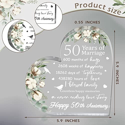 Yulejo Wedding Gift for Her: 50th Anniversary Keepsake Acrylic Heart Decor (White, 15.1 x 15.1 x 1.4 cm / 5.9 x 5.9 x 0.55 inches)