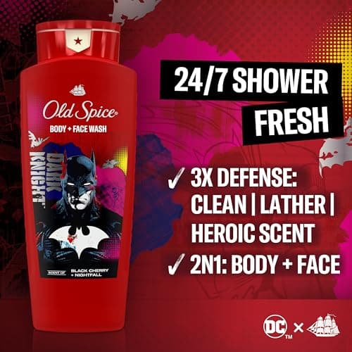 Old Spice Body Wash for Men, Batman: Dark Night, 3X Defense, 24/7 Shower Fresh with Lasting Scent, Cleansing 2-in-1 Body & Face Wash, Smell Like a Hero, Black Cherry and Nightfall Scent, 24 oz