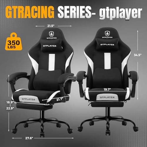 GTRACING Gaming Chair Ergonomic Office Chair with Foot Rest & Pocket Spring Cushion, Breathable Fabric Computer Chair with Headrest & Lumbar Support, High Back Game Chair for Adults, Coal-Black