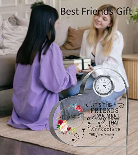 Movdyka Friendship Gifts for Women Friends Crystal Heart 5.9Inch Large Flower Glass with Clock Unique Best Gifts for Women Her Friend Plaque Birthday Gift Idea for Friend Female Presents