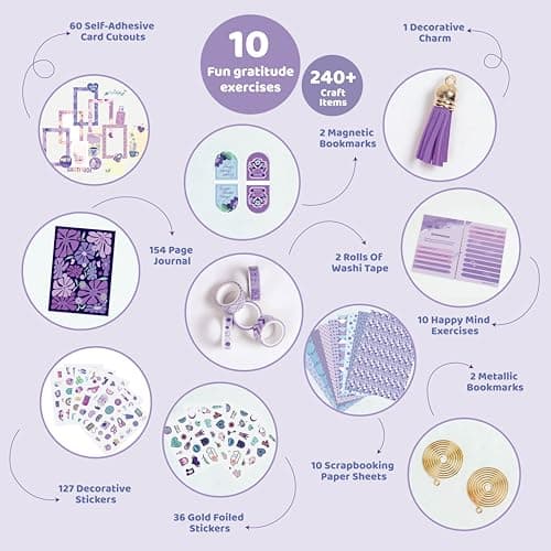 jackinthebox Gratitude Journal Kit for Girls Ages 8-12, 242 pcs, Scrapbooking Journal Set for Teen & Tween Girls,10 Fun Gratitude Exercises, Journal Art & Craft Kit, Ideal Gift for Girls 8 9 10 11 12