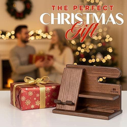 TESLYAR Wood Phone Docking Station for Men - Desktop or Nightstand Organizer - Birthday Gifts for Men, Dad - Anniversary Idea from Wife - Key Holder, Stand Wallet, Watch & Essentials (Bourbon Brown)