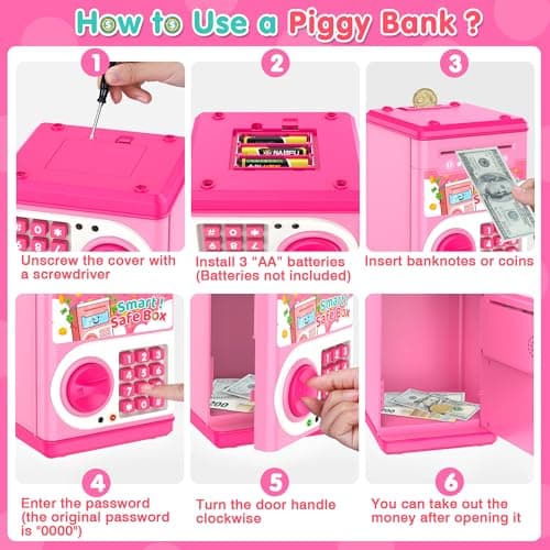 Pink Piggy Bank for Kids with Password Code Lock and Auto Grab Bill Slot, PhilaeEC Real Money Cash Coin Can Saving Box Electronic Money Safe Bank, Hot Gift for 4 7 8 9 10 11 Year Old Boys Girls