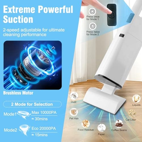 Cordless Vacuum Cleaner Handheld - 20000Pa Powerful Suction, 2-Speed Hand Vacuum Cordless Rechargeable for Car, Pet Hair, Stairs, Carpet, Couch - Portable Vac with HEPA Filter & 4 Attachments