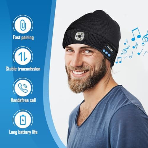 Stocking Stuffers Gifts for Men, LED Bluetooth Beanie Hat, Christmas Birthday Gifts for Men Dad Him Husband Grandpa, White Elephant Gifts for Adults, Camping Hiking Accessories Cool Gadgets