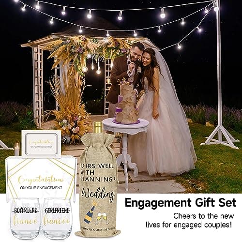 Engagement Gifts for Couples, Boyfriend and Girlfriend Wine Glass Engaged Gift Set with Wine Bag, Fiance Fiancee Gift for Him and Her Bride and Groom, Wedding Bridal Shower Gifts for Newlywed