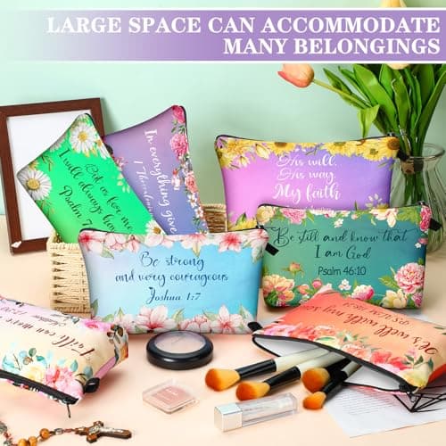 Chunful 12 Pcs Inspirational Christian Gifts Religious Makeup Bags Bulk for Women Bible Verse Flower Cosmetic Bag Thanksgiving Christmas Gift for Church Ladies, 7.48 x 4.72 Inch(Stylish)