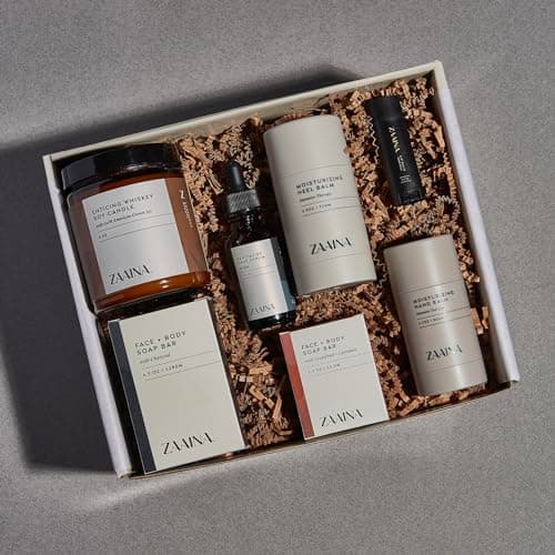 ZAAINA Men’s Self Care Kit – Luxury Spa Gift Set for Men with Face Serum, Soaps, Heel Balm & Lip Balm – Grooming Care Package for Men – Birthday & Relaxation Kit (Premium Set with Whiskey Candle)