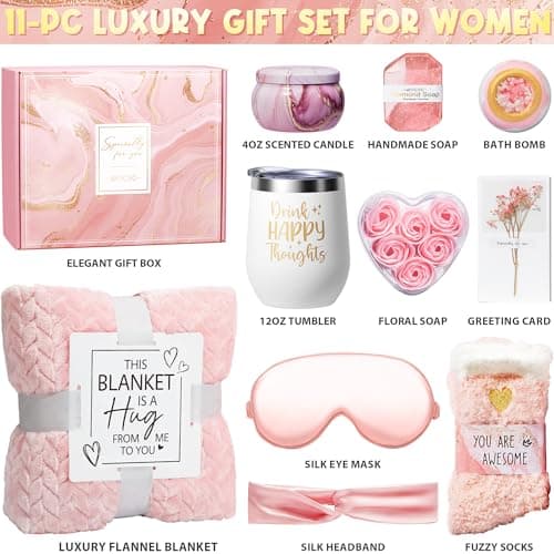 Birthday Gifts for Women Self Care Gifts Get Well Soon Gifts, Rose Relaxing Spa Gifts Basket Care Package w/ Luxury Flannel Blanket, Unique Mothers Day Gifts for Mom Her Friend Sister Wife Grandma