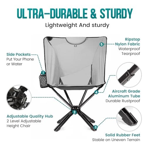 TCEK TCEK Portable High Back Camping Chair with Adjustable Height, Small Compact Outdoor Folding Chair for Adults Travel, Riselite Collapsible Lightweight Packable Camp Chairs, Easy Carry and Quick Setup