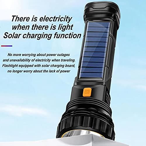 Solar/Rechargeable Multi Function 1000 Lumens LED Flashlight, with Emergency Strobe Light and 1200 Mah Battery, Emergency Power Supply and USB Charging Cable, Fast Charging (1PC)